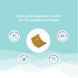 An image advertising a strip of Melts® into Calm & Relaxation placed in the middle surrounded by icons that represent issues which the product can help alleviate. Such as Lack of Focus, Stress and Anxiety