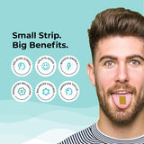 An informational image titled “Small Strip. Big Benefits”, listing the positive effects of Melts® into Calm & Relaxation such as relieving stress, promoting relaxation and sharpening focus.