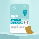 The Melts® into Calm & Relaxation front packaging highlighting Suntheanine and Magnesium, along with benefits like improving mood and fighting stress. It further notes attributes like Plant Based, Non Drowsy and Sugar Free. The flavor mentioned is Soothing Mango