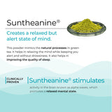 Image promoting Suntheanine® for relaxed alertness and improved sleep, highlighting its green tea origin and clinically proven effect on brain waves.