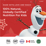 Promotional image for Melts® featuring Olaf from Disney’s Frozen. The text emphasizes it's "100% Natural" and "Globally Certified." Various certification logos, including Health Canada and Halal, are shown at the bottom.