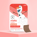 The Melts® into Active Probiotic front packaging, including the Disney Logo on the top right, and an illustration of the character Olaf from Frozen. It highlights the benefit of nourishing the gut for a better immune system. The package comes with 30 Sweet Cherry Flavored Oral Strips.