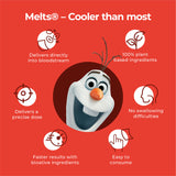 An informational image titled “Melts® - Cooler than most!”, listing the characteristics of Melts® Strips, such as easy to consume, 100% plant based ingredients, and faster results.