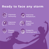 An Image with the title "Benefits worth melting for." for Melts® into Multivitamins, followed by a list of six benefits with accompanying icons: Improves Immunity, Improves Memory, Powers Growth, Improves Metabolism, Boosts Cognitive Health and Supports Development. In the background, a silhouette of Disney Frozen’s Elsa & Anna is present.