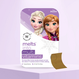 The Melts® into Multivitamins front packaging, including the Disney Logo on the top right, and an illustration of the characters Elsa & Anna from Frozen. It highlights the benefit of energizing the body with a blend of 16 essential nutrients for overall well being. The package comes with 30 Tropical Berries Flavored Oral Strips.