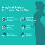 An Image with the title "Benefits worth melting for." for Melts® into Natural B12 + D3, followed by a list of six benefits with accompanying icons: Promotes Bone & Muscle Strength, Improves Nerve Function, Promotes Heart Health, Supports Cognitive Development, Improved Energy Levels, and Reduces Fatigue. In the background, a silhouette of Disney Frozen’s Elsa is present.