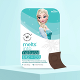 The Melts® into Natural B12 + D3 front packaging, including the Disney Logo on the top right, and an illustration of the character Elsa from Frozen. It highlights the benefit of boosting energy and supporting growth in children. The package comes with 30 Exotic Mango Flavored Oral Strips.