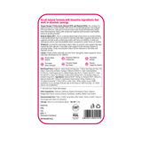 The back of the Melts® into Vital Omega packaging, containing more information about the product. The list includes ingredients like Vegan Omega 3, Vitamin E, Lutein, and benefits like boosting brain health, promoting bone strength, and regulating moods.