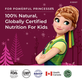 Promotional image for Melts® featuring Anna from Disney’s Frozen. The text emphasizes it's "100% Natural" and "Globally Certified." Various certification logos, including Health Canada and Halal, are shown at the bottom.