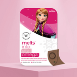 The Melts® into Vital Omega front packaging, including the Disney Logo on the top right, and an illustration of the character Anna from Frozen. It highlights the benefit of enhancing cognitive performance, bone development & boosting brain health. The package comes with 30 Strawberry Mint Flavored Oral Strips.