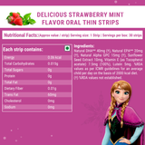 Image displaying the nutritional facts and ingredients for Melts® into Frozen Vital Omega Delicious Strawberry Mint Flavor Oral Thin Strips. The nutritional information per strip is listed, including minimal calories, carbohydrates, sugars, protein, fat, and sodium. The ingredients include DHA, Sunflower Seed, Lutein and more. In the lower right corner, an illustration of Disney Frozen’s Anna.