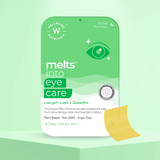 The Melts® into Eye Care front packaging highlighting Lute-gen Lutein + Zeaxanthin, along with benefits like protection against retina damage and blue light. It further notes attributes like Plant Based, Non GMO and Sugar Free. The flavour mentioned is Zesty Lime & Lemon