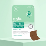 The Melts® into Hairfall Control front packaging highlighting Keratin and Zinc, along with the benefit of better hair health overall. It further notes attributes like Plant Based, Precise Dose and Sugar Free. The flavour mentioned is Tropical Strawberry