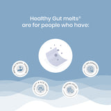 An image advertising a strip of Melts® into Gut Health placed in the middle surrounded by icons that represent issues which the product can help combat. Such as Irritable Bowel Syndrome, Bloating Issues, and Gut Inflammation.