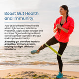 Image promoting gut health and immunity, emphasizing the connection between a healthy gut and a strong immune system. A woman is shown exercising on a beach with a resistance band, depicting an active and healthy lifestyle.
