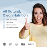 Image with a smiling woman gives a thumbs-up, promoting all-natural, clean nutrition with benefits like bioavailability and being free of sugar, preservatives, and common allergens. Various health and quality certifications are displayed.