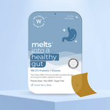 Front packaging for Melts® into a Healthy Gut. It mentions the inclusion of 10B CFU Probiotics and Enzymes, additionally stating benefits like gut nourishment and healthy digestive system function. Other properties include Precise Dose, Non GMO and Sugar Free, the flavor is Mixed Berry Blast.