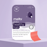 The packaging for Melts® into Healthy Hair, highlights the use of Natural Biotin from Sesbania 10,000mcg along with the benefits of the product giving stronger, thicker and healthier hair. It also notes the Precise Dose, Non GMO and Sugar Free nature of the product, while having a Tropical Watermelon flavor.