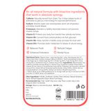 The back of the Melts® into Instant Energy packaging, containing more information about the product. Information includes the ingredients like caffeine, Vitamin E and various other Vitamins, and benefits like fatigue reduction and enhanced endurance.