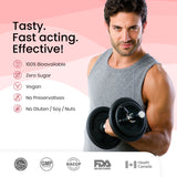 An informational image titled “Tasty. Fast acting, Effective!”, listing the product characteristics of Melts®. Characteristics include Zero Sugar, No Preservatives and No Gluten/Soy/Nut ingredients.