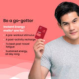 An informational image titled “Be a go-getter”, showcasing the possible uses of Melts® into Instant Energy such as a pre workout and post workout supplement, travel fatigue and for all day long energy.