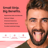 An informational image titled “Small Strip. Big Benefits”, listing the positive effects of Melts® into Instant Energy such as replacing minerals, balancing fluids, reducing fatigue, boosting energy, and sharpening focus.