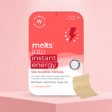 The Melts® into Instant Energy front packaging consisting of Green Tea Caffeine and Electrolytes, along with benefits like boosting energy levels. It further notes Plant Based, Instant Action and Sugar Free. The flavour mentioned is Strawberry Mint