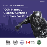 Promotional image for Melts® featuring Black Panther from Marvel Comics. The text emphasizes it's "100% Natural" and "Globally Certified." Various certification logos, including Health Canada and Halal, are shown at the bottom.