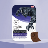 The Melts® into Advanced Immunity front packaging, including the Marvel Logo on the top right, and an illustration of the hero Black Panther. It highlights the benefit of building the immune system & supporting gut health in children. The package comes with 30 Valencia Orange Flavored Oral Strips.