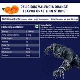 Image displaying the nutritional facts and ingredients for Melts® into Advanced Immunity Delicious Valencia Orange Flavor Oral Thin Strips. The nutritional information per strip is listed, including minimal calories, carbohydrates, sugars, protein, fat, and sodium. The ingredients include a Fruit Blend, Vitamin C, Vitamin D3 and more. In the lower right corner, an illustration of Marvel's Black Panther.