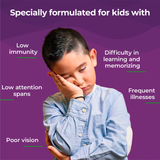 An image indicating that Melts® into Mighty Omega addresses some problems stemming from "Low Immunity", "Low attention spans", and "Difficulty in learning and memorizing"