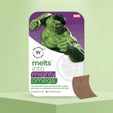 The Melts® into Mighty Omega front packaging, including the Marvel Logo on the top right, and an illustration of the hero Hulk. It highlights the benefit of enhancing cognitive performance, bone development and brain health. The package comes with 30 Strawberry Mint Flavored Oral Strips.