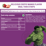 Image displaying the nutritional facts and ingredients for Melts® into Mighty Omega Delicious Exotic Mango Flavor Oral Thin Strips. The nutritional information per strip is listed, including minimal calories, carbohydrates, sugars, protein, fat, and sodium. The ingredients include DHA, Sunflower Seed, Lutein. In the lower right corner, an illustration of Marvel's Hulk.
