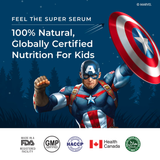 Promotional image for Melts® featuring Captain America from Marvel Comics. The text emphasizes it's "100% Natural" and "Globally Certified." Various certification logos, including Health Canada and Halal, are shown at the bottom.