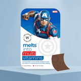 The Melts® into Multivitamins front packaging, including the Marvel Logo on the top right, and an illustration of the hero Captain America. It highlights the benefit of energizing the body with a blend of 16 essential nutrients. The package comes with 30 Tropical Berries Flavored Oral Strips.