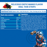 Image displaying the nutritional facts and ingredients for Melts® into Multivitamins Delicious Exotic Mango Flavor Oral Thin Strips. The nutritional information per strip is listed, including minimal calories, carbohydrates, sugars, protein, fat, and sodium. The ingredients include a blend of fruits & vegetables, and Vitamins ABCD. In the lower right corner, an illustration of Marvel's Captain America