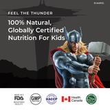 Promotional image for Melts® featuring Thor from Marvel Comics. The text emphasizes it's "100% Natural" and "Globally Certified." Various certification logos, including Health Canada and Halal, are shown at the bottom.
