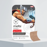 The Melts® into Active Probiotic front packaging, including the Marvel Logo on the top right, and an illustration of the hero Thor. It highlights the benefit of nourishing the gut for stronger immunity through the Unison Effect Formula. The package comes with 30 Cherry Flavored Oral Strips.