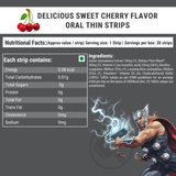 Image displaying the nutritional facts and ingredients for Melts® into Active Probiotic Delicious Sweet Cherry Flavor Oral Thin Strips. The nutritional information per strip is listed, including minimal calories, carbohydrates, sugars, protein, fat, and sodium. The ingredients include Indian Gooseberry Extract, Dietary Fiber Blend, Vitamin C, Lactobacillus acidophilus, and Vitamin D3. In the lower right corner, an illustration of Marvel's Thor.