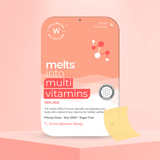 The Melts® into Vital Iron front packaging highlighting 100% RDA, along with the benefit of reinvigorating the body with a mix of key vitamins. It further notes attributes like Precise Dose, Non GMO and Sugar Free. The flavour mentioned is Divine Alphonso Mango
