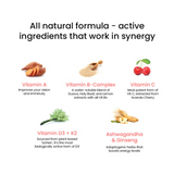 This infographic presents the bioactive ingredients in the all-natural formula, including Vitamin A, Vitamin B-Complex, Vitamin C, Vitamin D3 + K2, Ashwagandha & Ginseng, working synergistically to create Melts® into Multivitamins.