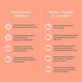 Melts® multivitamins infographic showcasing its plant-based vitamins (A, C, D3, K2) for immunity, tissue repair, bone health, and bone density, and its active B-complex vitamins (B2, B5, B6, B9, B12) for energy, metabolism, hormone production, DNA synthesis, and nerve health.