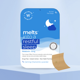 Melts® into a Restful Sleep front packaging features 10mg of Melatonin, along with benefits like calms the body, relaxes nerves and promotes restful sleep. It further notes Drug Free, Instant Action and Non Habit Forming. The flavor mentioned is Calming Chamomile Lavender