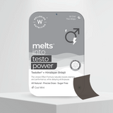 The Melts® into Testo Power front packaging highlighting Testofen and Himalayan Shilajit, along with benefits like boosting stamina and performance. It further notes attributes like All Natural, Precise Dose and Sugar Free. The flavour mentioned is Cool Mint
