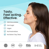 An informational image titled “Tasty. Fast acting, Effective.”, listing the product characteristics of Melts®. These include Zero Sugar, No Preservatives and No Gluten/Soy/Nut 