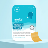 The Melts® into Throat Relief front packaging highlighting Honey and Curcumin, along with benefits like alleviating sore throat and congestion. It further notes attributes like All-Natural, Anti-Inflammatory and Quick Relief. The flavorr mentioned is Soothing Ginger Honey