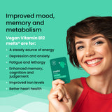 An informative poster detailing the benefits of Melts Vegan Vitamin B12. The benefits stated include being a steady source of energy, helpful for those with depression, anxiety, fatigue and lethargy, enhanced memory, cognition and judgement, improved iron levels and better heart health.
