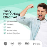 A promotional poster, highlighting Melts Vegan Vitamin B12 for its taste and fast acting effectiveness. It also lists product properties such as 100% Bioavailability, Zero Sugar, Vegan, No Preservatives and No Gluten/Soy/Nuts. The product is also certified by various organizations.