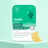 The front packaging for Melts Vegan Vitamin B12 + Folate Oral Thin Strips. Highlighting benefits such as boosting energy, improving nerve function, promoting cognitive health and other information like Plant Based, Precise Dose Sugar Free. The flavor is Misty Orange Mint.