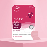 The Melts® into Vital Iron front packaging highlighting Iron and Folic Acid, along with the benefit of enhancing iron absorption. It further notes attributes like Precise Dose, No Nausea and Gentle On The Stomach. The flavor mentioned is Exotic Elderberry